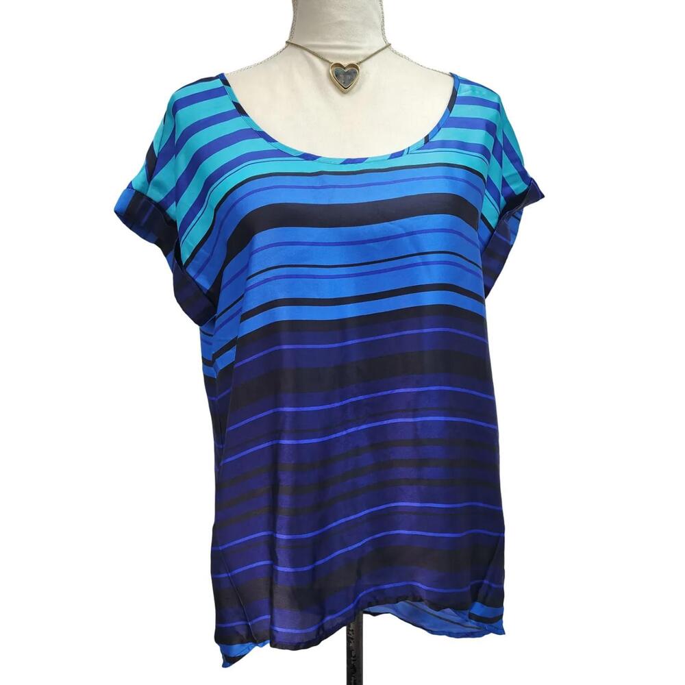 Rafaella. Black & Blue Striped Short Sleeve Blouse. Size: M NWT